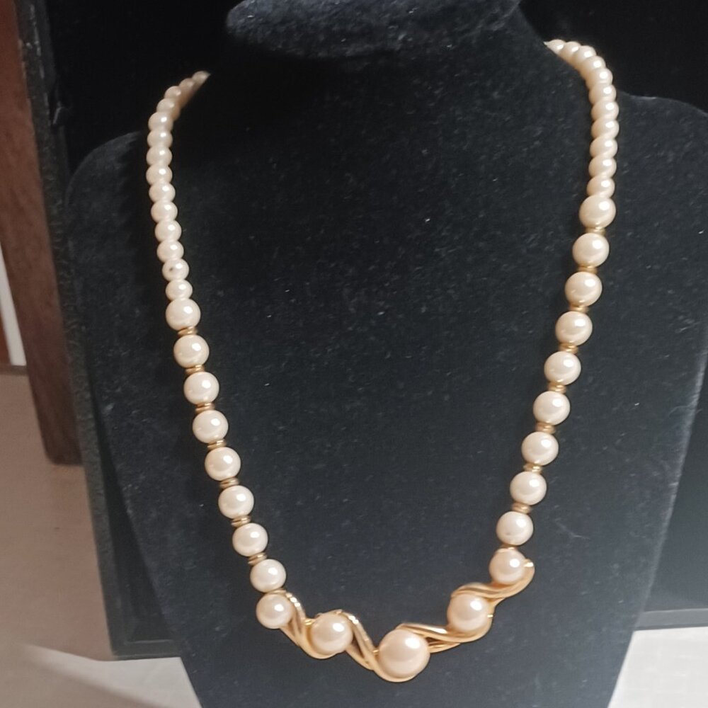 Vintage Pearl Necklace, Gold Beads Between Each Pearl